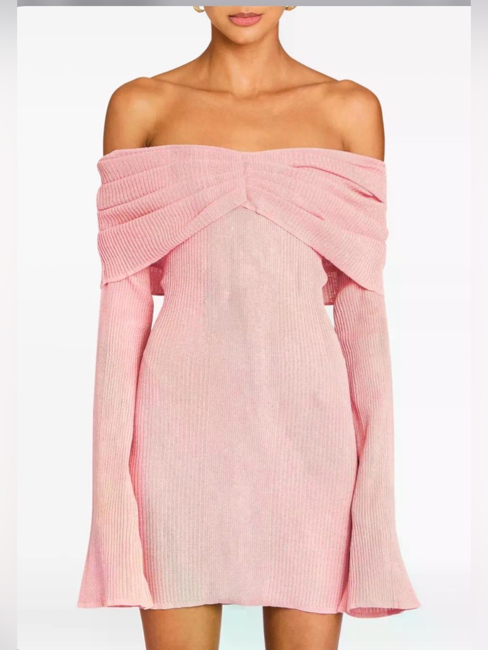 SEROYA Xen Knit Mini Dress XS Coral Blush Off Shoulder Bell Sleeve Ribbed